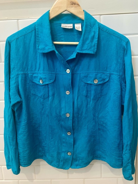 Chico's Dresses & Skirts - ☀️Chico's Teal Blue Linen Rayon Utility Button Down Shirt Jacket